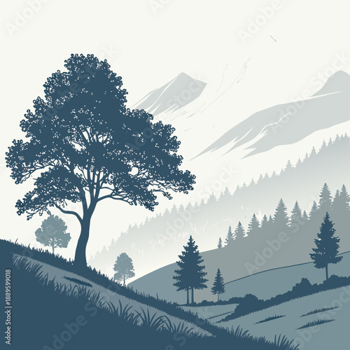 Peaceful Minimal Mountain Landscape with Soft Mist and Hazy Views