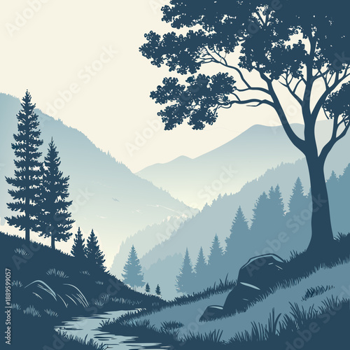 Peaceful Mountain Landscape with Soft Fog and Extra Misty Atmosphere