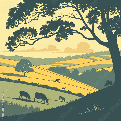 Summer Pasture with Grazing Animals. Silhouette Landscape Vector.