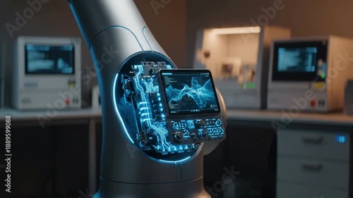 Robotic Arm Assembling Circuit Board Components in Automated Electronics Manufacturing Facility with Blue Glow