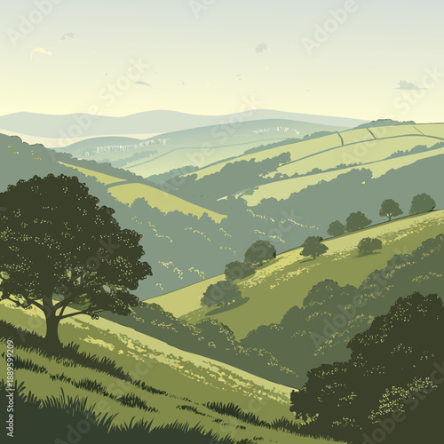 Valley Landscape. Layered Summer Hills & Distant Horizon Vector.