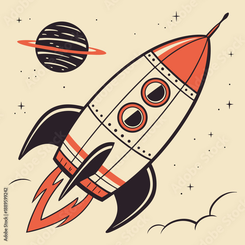 Vintage 1950s Toy Rocket - Retro Colors & Grainy Texture Illustration