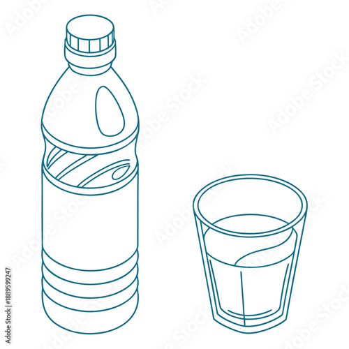 Refreshing Water Bottle and Glass Outline Illustration for Hydration