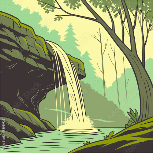 Waterfall Descending from a Cliff in Thin Lines - Minimalist Vector