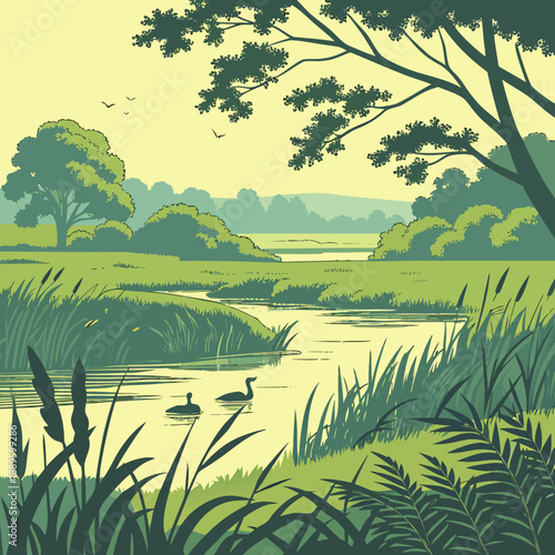 Wetland Summer Landscape with Reeds. Nature Habitat Vector Art.