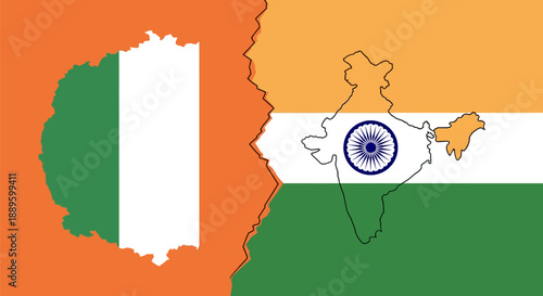 India and Ireland Geopolitical Connection: National Flags and Map Outlines Split by a Crack, Representing Diplomacy, Comparison, or Conflict.
