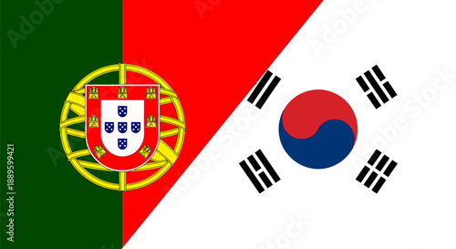 Portugal and South Korea Flags Split Diagonally. Portuguese and South Korean partnership, diplomacy, travel, political relations, or sports competition concept.