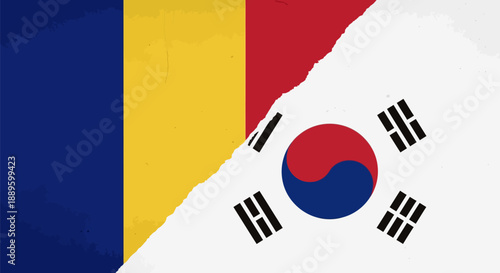 Romania and South Korea Flags Torn Diagonal Split – International Relations, Diplomacy, and Partnership Concept