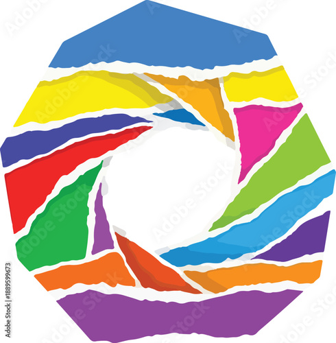Octagonal abstract design composed of multicolored torn paper strips forming an aperture shape