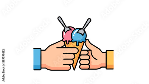 Hands holding ice cream cones together.