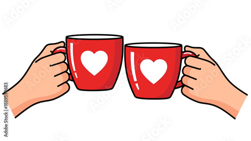 Two hands holding red heart coffee cups.