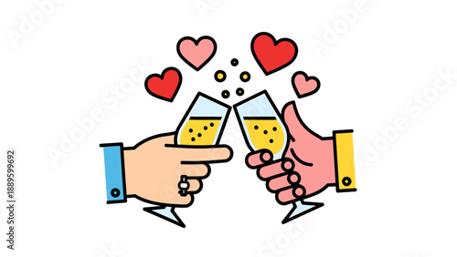 Hands clinking champagne glasses with hearts.
