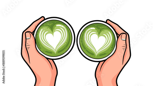 Hands holding green tea lattes with heart designs.