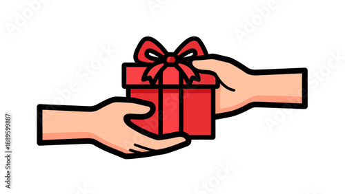 Hands exchanging a wrapped gift box.