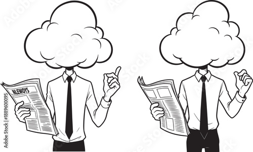 Man with Cloud Head Reading Newspaper and Pointing