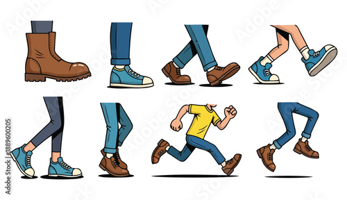  Cartoon legs in shoes. Comic retro feet in different poses, funny character mascot foot in boot, leg standing, walking, running, jumping