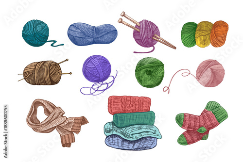 Hand drawn vintage sketch of colorful yarn balls, scarf, socks and sweaters in knitting themed vector set