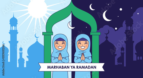 Two cheerful Muslim girls in hijabs greet the holy month of Ramadan, depicted with contrasting day and night mosque backgrounds.