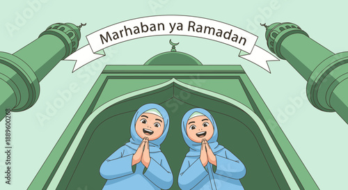 Two joyful Muslim girls in hijabs offer a warm welcome greeting in front of a mosque, celebrating the holy month of Ramadan with traditional blessings.