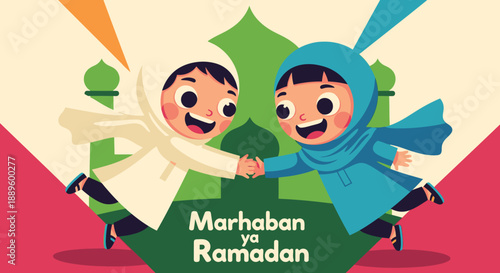 Joyful Muslim children, wearing traditional attire, happily shake hands in a vibrant illustration celebrating the spirit of Ramadan and cultural friendship.