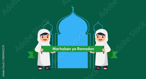 Two adorable cartoon children in traditional attire joyfully hold a 'Marhaban ya Ramadan' banner, celebrating the holy month against a mosque silhouette.