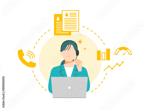 コールセンターのCTIシステムを活用してコンピュータと電話が連携しているイラスト