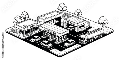 Isometric hand drawn line art illustration of a gas station complex depicting fueling, car wash and shopping services for urban infrastructure