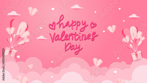 Vector illustration : "Happy Valentine's Day" text typography, frame border, gift box, clouds, hearts shaped decoration - greeting card design, romantic message, love letter, template, banner, poster