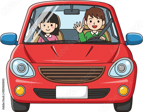 Happy cartoon family driving red car illustration, smiling parents wearing seatbelts, safe travel concept for kids education, road safety, transportation vector artwork