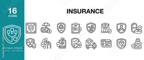Insurance icon set. Includes insurance, policy, coverage, premium, claim, contract and More. Editable Stroke Icon Collection.