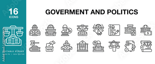 Government and Politics icon set. Includes government, politics, political, vote, election, campaign and More. Editable Stroke Icon Collection.