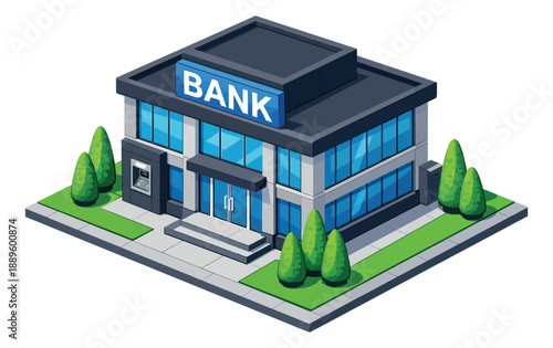 Isometric illustration of a modern bank building depicting its exterior with an atm for financial services