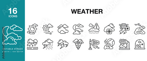 Weather icon set. Includes weather, climate, forecast, sky, cloud, cloudy and More. Editable Stroke Icon Collection.