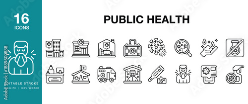 Public Health icon set. Includes public, health, community, wellness, prevention, disease and More. Editable Stroke Icon Collection.