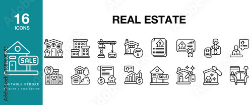 Real Estate icon set. Includes real, estate, property, housing, building, apartment and More. Editable Stroke Icon Collection.