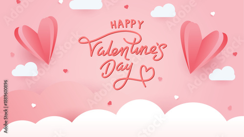 Vector illustration : "Happy Valentine's Day" text typography, frame border, clouds, hearts shaped decoration - greeting card design, romantic message, love letter, template, banner, poster