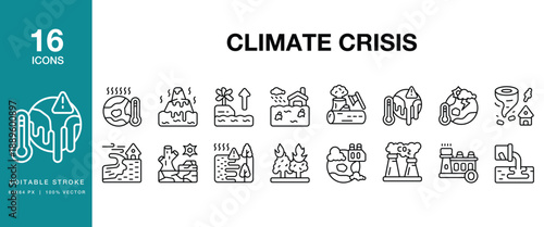 Climate Crisis icon set. Includes climate, crisis, warming, heating, emission, carbon and More. Editable Stroke Icon Collection.