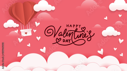 Vector illustration : red heart shaped hot air balloon flying,  paper cut clouds, small hearts, "Happy Valentine's Day" text typography - Valentine greeting card design, romantic message, love letter 