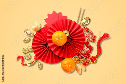 Festive decorations featuring golden oranges and red elements