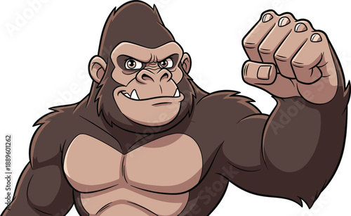 Powerful cartoon gorilla illustration, strong muscular ape character showing clenched fist and aggressive expression, fierce wild animal mascot design for sports team, logo, branding