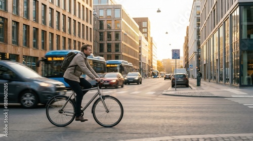 Young man commuting by bicycle on busy city street during golden hour