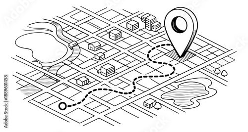 Hand drawn line art isometric illustration of a city map depicting a navigation route with a location pin for travel and logistics concepts