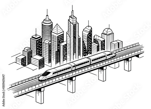 Line art illustration of a high-speed train and city skyline depicting modern urban transportation for infrastructure concepts