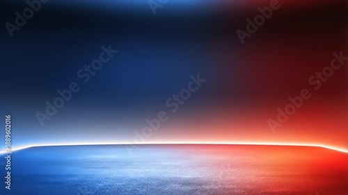 Abstract studio space with a vibrant red and blue color split, lit floor