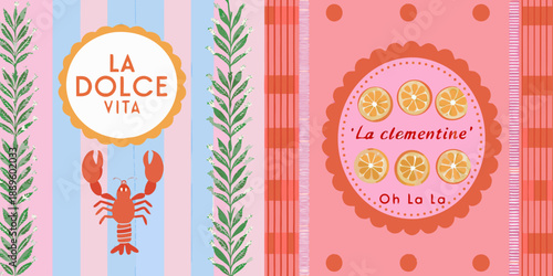Colorful illustration featuring lobster oranges and text on a patterned background