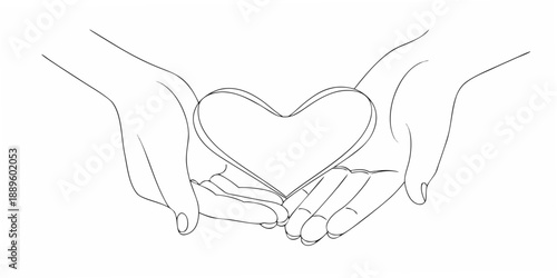 Hands gently cradling a heart shape in a simple line drawing style