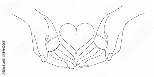 Two hands gently cradling a heart shape in a simple line drawing