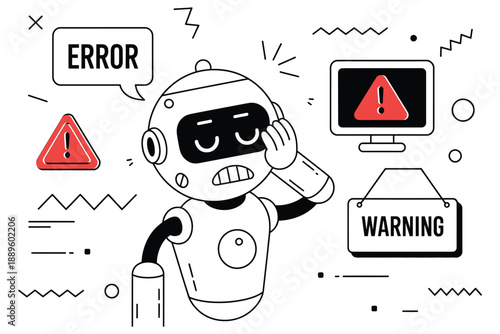 line art vector illustration of confused AI robot assistant with system error warning signs glitches and critical malfunction concept.