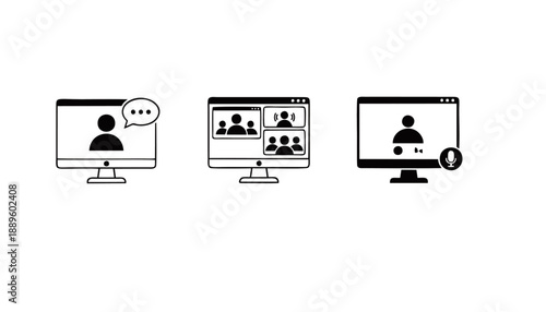 Video Conference Monitor Icons Set