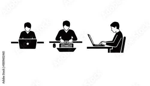 Working on Laptop Silhouette Icons Set